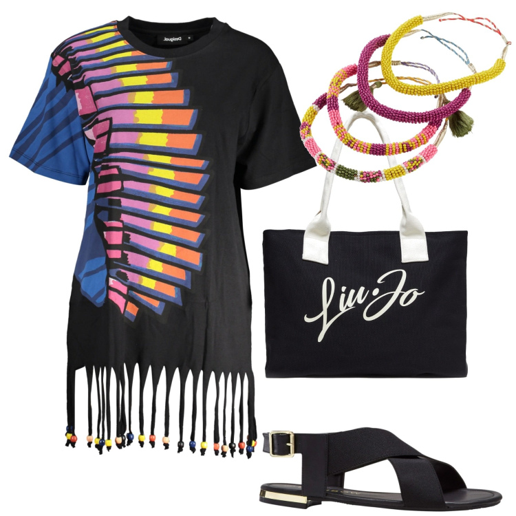 Outfit donna - Mare. Stile Casual per Mare. Abbinamento con sandali, braccialetti, vestiti corti, shopping bag.