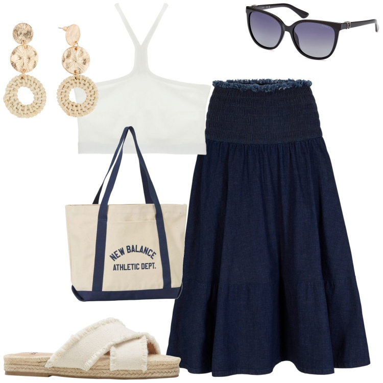 Outfit donna - Mattine estive. Stile Casual per Tutti i giorni. Abbinamento con ciabatte, orecchini, gonne, borse tote, top, occhiali da sole.