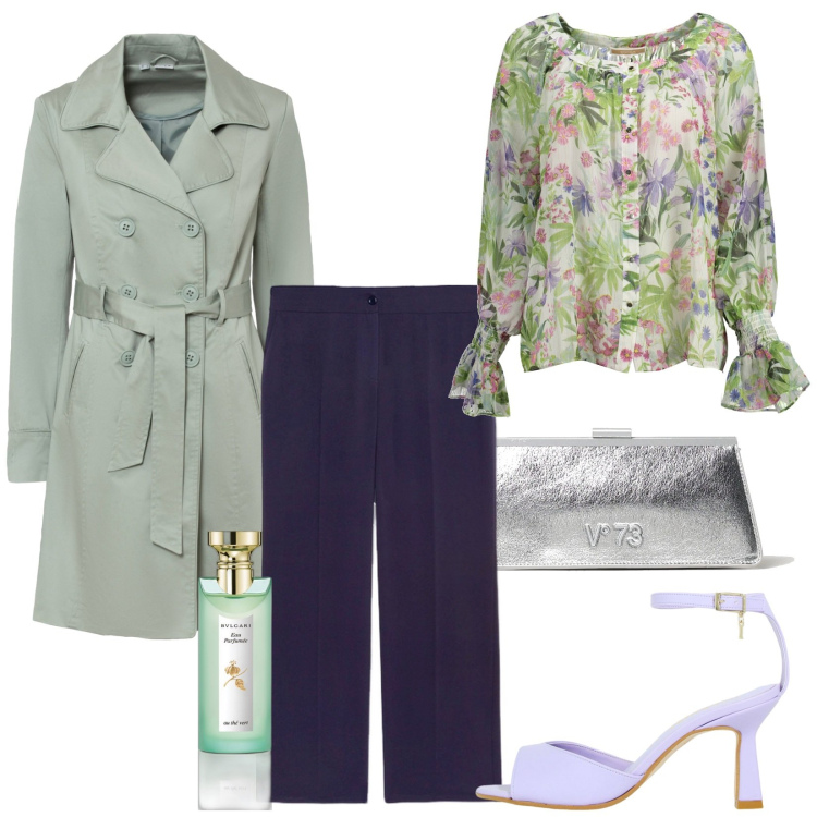 Outfit donna - Total look #1885590. Stile Chic per Serata fuori. Abbinamento con trench, profumi, décolleté, camicie, pantaloni, clutch.