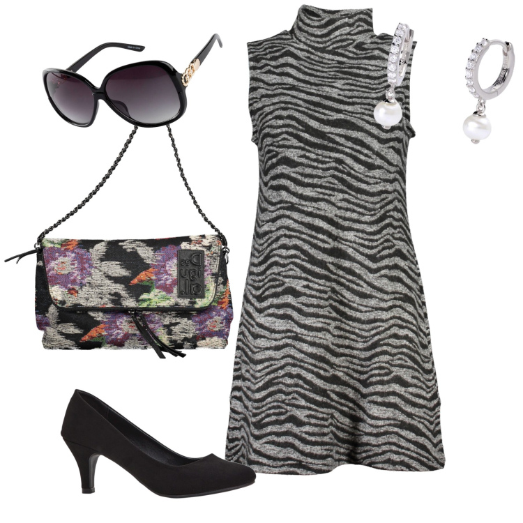 Outfit donna - Abitino grintoso con accessori bon ton. Stile Basic per Tutti i giorni. Abbinamento con décolleté, occhiali da sole, orecchini, vestiti corti, borse a mano.