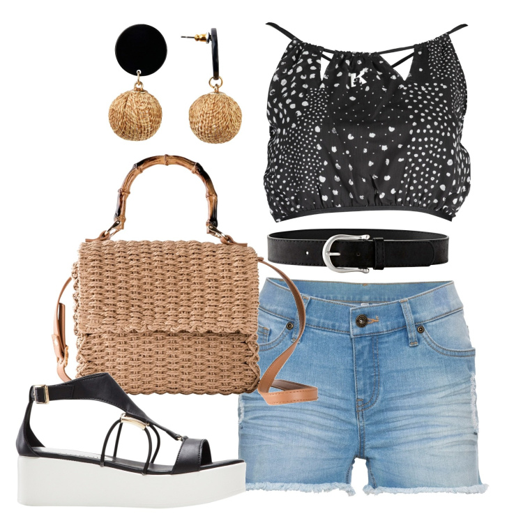 Outfit donna - Shorts. Stile Urban per Tutti i giorni. Abbinamento con cinture, orecchini, shorts, sandali col tacco, borse a mano, t-shirt.