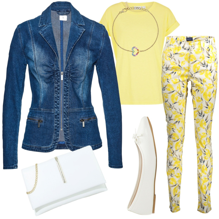Outfit donna - In giallo per uscire. Stile Casual chic per Tutti i giorni. look ideale per Petite. Abbinamento con t-shirt, ballerine, blazer, braccialetti, pochette, pantaloni skinny.