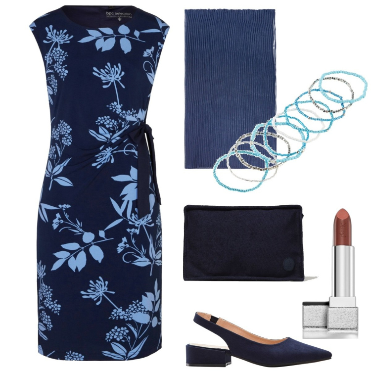 Outfit donna - Il tubino blu a fiori -curvy e plus size. Stile Casual chic per Ufficio. Abbinamento con décolleté, braccialetti, vestiti, stole, rossetti, pochette.
