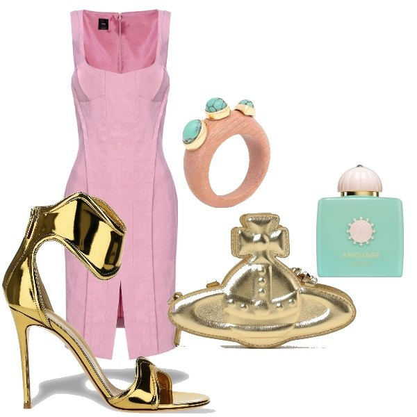 Outfit donna - il vestito midi e la borsa vivienne. Stile Chic per Serata fuori. Abbinamento con anelli, profumi, vestiti midi/longuette, borse a spalla, sandali col tacco.