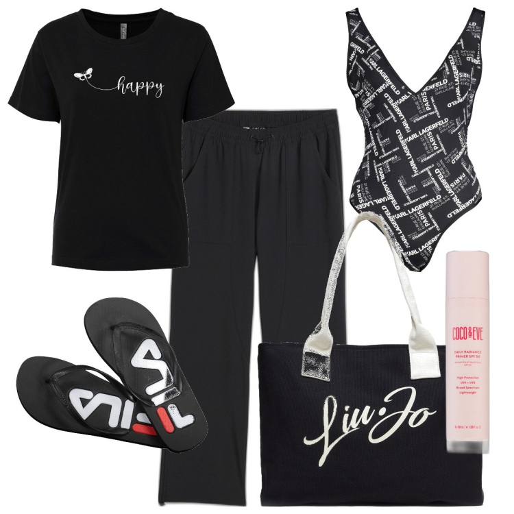 Outfit donna - Mare - curvy style. Stile Casual chic per Mare. Abbinamento con t-shirt, pantaloni, primer, costumi interi, shopping bag, infradito.
