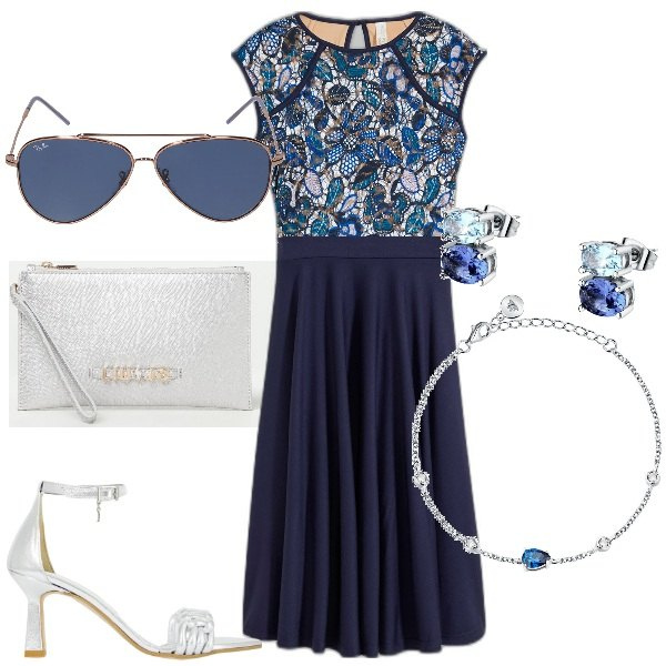 Outfit donna - Vestitino midi. Stile Glamour per Cerimonia. Abbinamento con vestiti midi/longuette, orecchini, braccialetti, décolleté, clutch, occhiali da sole.