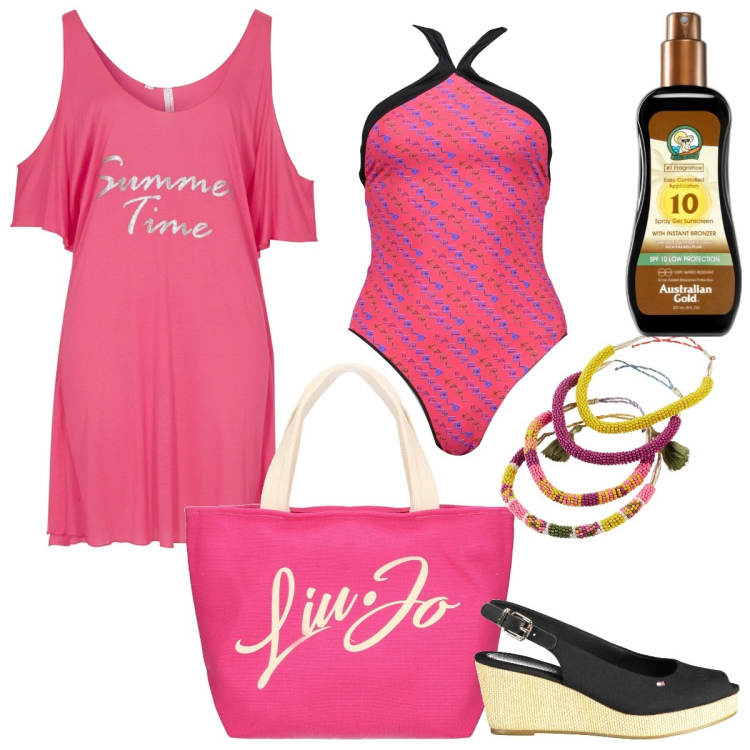 Outfit donna - Spiaggia - curvy style. Stile Glamour per Mare. Abbinamento con vestiti da spiaggia, braccialetti, terre, costumi interi, sandali col tacco, shopping bag.