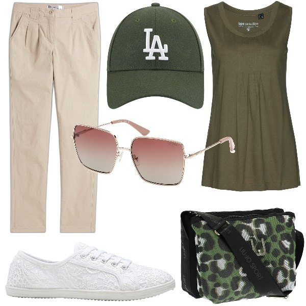 Outfit donna - Athleisure e Sneakers trendy. Stile Sporty chic per Tutti i giorni. Abbinamento con sneakers, pantaloni chino, top, borse a tracolla, cappelli, occhiali da sole.