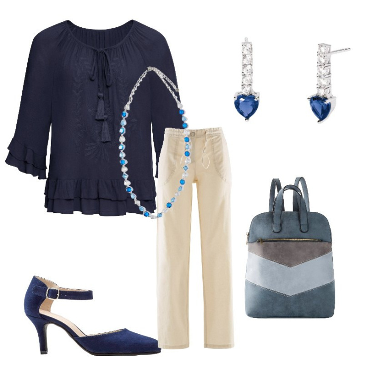 Outfit donna - Curvy in ufficio. per Ufficio. Abbinamento con décolleté, tuniche, pantaloni a palazzo, zaini, orecchini, collane.