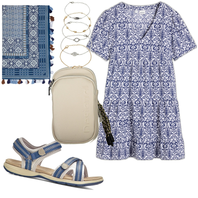Outfit donna - Casual. Stile Casual per Tutti i giorni. Abbinamento con sandali, braccialetti con ciondoli, vestiti, collane, foulard.
