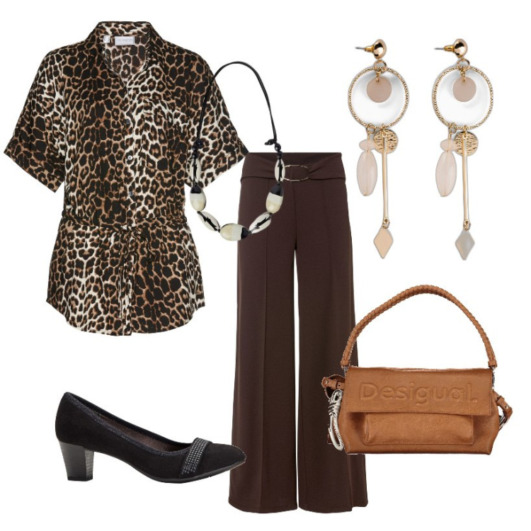 Outfit donna - In ufficio. Stile Casual chic per Ufficio. Abbinamento con décolleté, orecchini, pantaloni a palazzo, camicie a manica corta, collane, borse a spalla.
