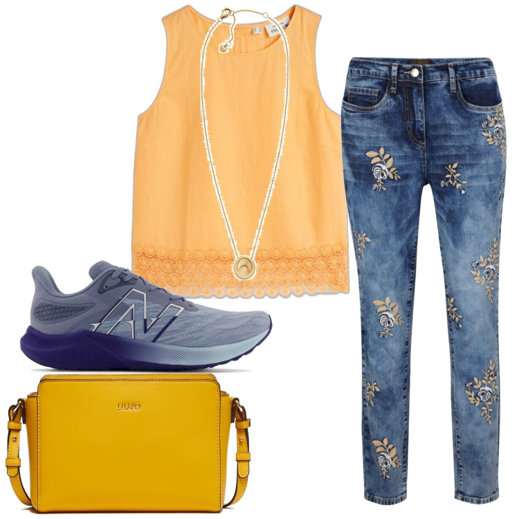Outfit donna - Passeggiata in jeans. Stile Casual per Tutti i giorni. look ideale per Petite. Abbinamento con jeans, top, collane, scarpe sportive, borse a tracolla.