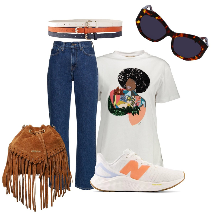 Outfit donna - In jeans. Stile Casual per Scuola/Università. Abbinamento con cinture, sneakers, borse a secchiello, t-shirt, jeans dritti, occhiali da sole.