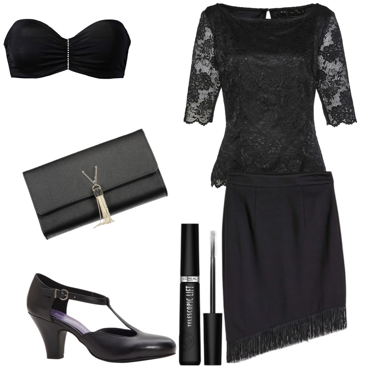 Outfit donna - Lace tshirt e il look vola. Stile Bon Ton per Serata fuori. Abbinamento con reggiseni, gonne, décolleté, bluse, mascara, borse a mano.