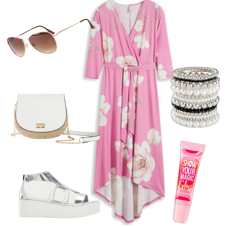 Outfit donna - Sono wow , ma risparmiosa. Stile Glamour per Serata fuori. Abbinamento con braccialetti, occhiali da sole, borse a tracolla, vestiti lunghi, sandali col tacco, gloss.
