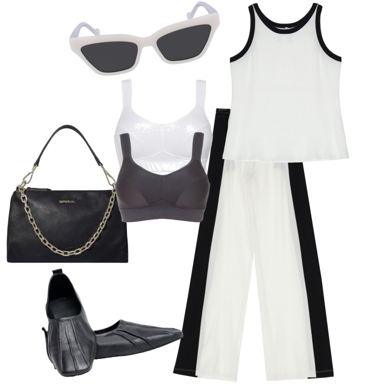 Outfit donna - Black and white che total look. Stile Bon Ton per Tutti i giorni. Abbinamento con reggiseni, pantaloni, top, pochette, ballerine, occhiali da sole.