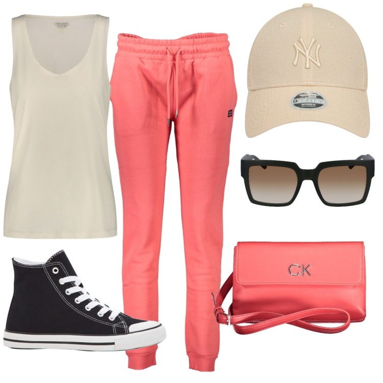 Outfit donna - Athleisure 2. Stile Sporty chic per Tutti i giorni. Abbinamento con sneakers alte, pantaloni, canottiere, borse a tracolla, cappelli con visiera, occhiali da sole.
