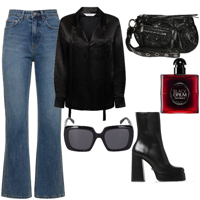 Outfit donna - Total look #1885803. Stile Casual chic per Tutti i giorni. Abbinamento con profumi, camicie, jeans dritti, stivaletti, pochette, occhiali da sole.