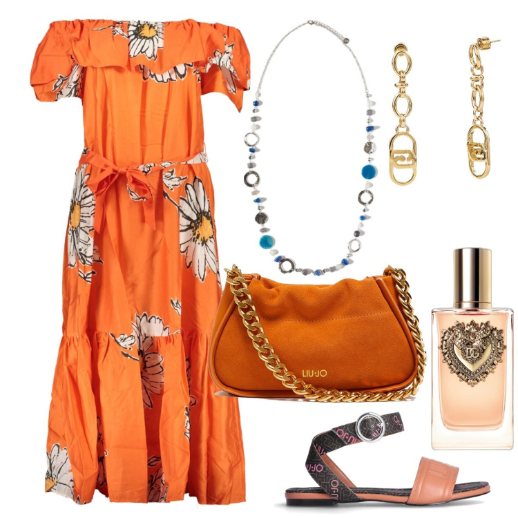 Outfit donna - Boho-chic d\'estate. Stile Boho per Tutti i giorni. Abbinamento con profumi, vestiti lunghi, borse a mano, sandali, orecchini, ciondoli.
