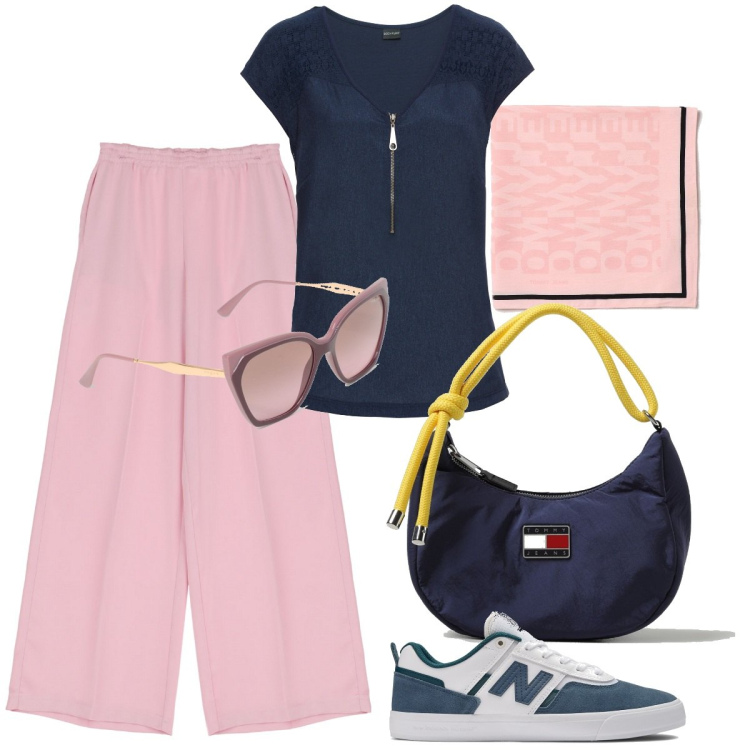 Outfit donna - Sporty-chic tutti i giorni. Stile Casual chic per Tutti i giorni. Abbinamento con t-shirt, sneakers, pantaloni a palazzo, occhiali da sole, borse a spalla, foulard.