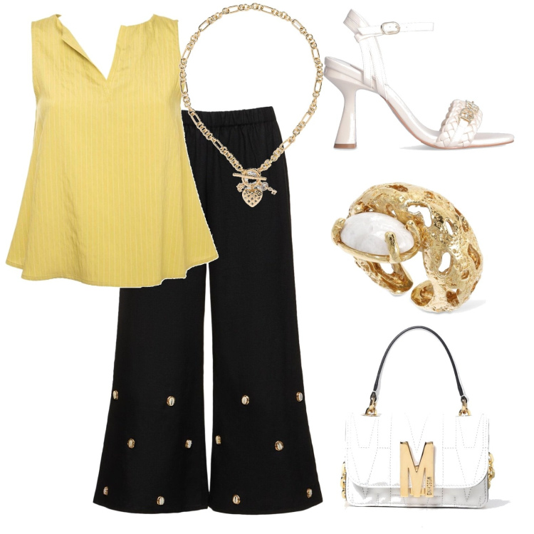 Outfit donna - Il colore dell\'estate: il giallo. Stile Casual chic per Tutti i giorni. Abbinamento con ciondoli, pantaloni, top, sandali col tacco, borse a spalla, anelli.