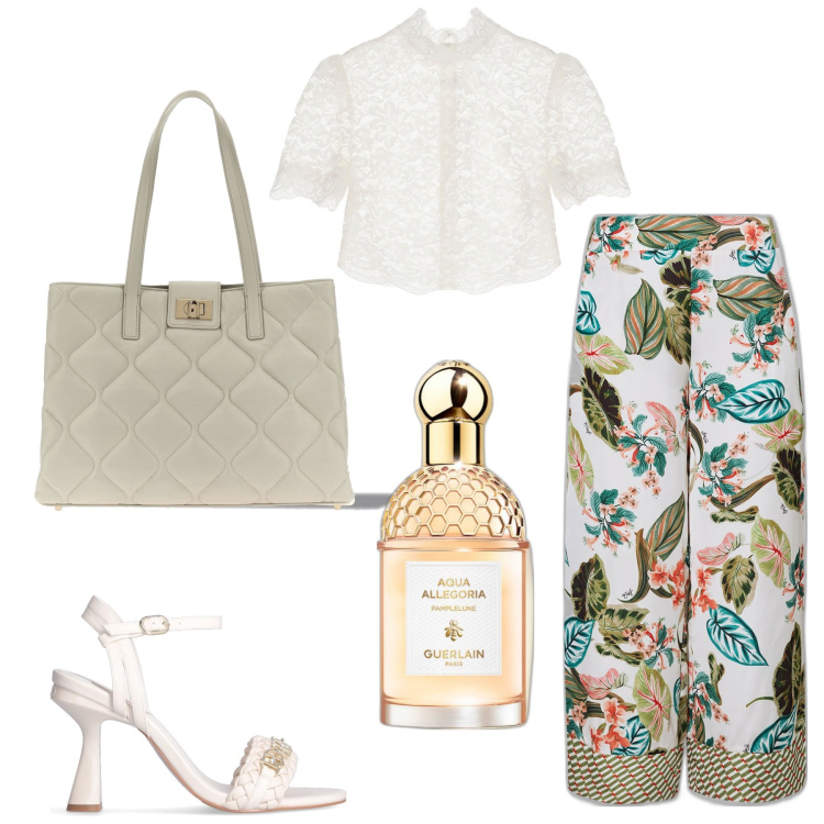 Outfit donna - Total look #1885848. Stile Bon Ton per Ufficio. Abbinamento con profumi, camicie a manica corta, pantaloni a palazzo, sandali col tacco, borse tote.