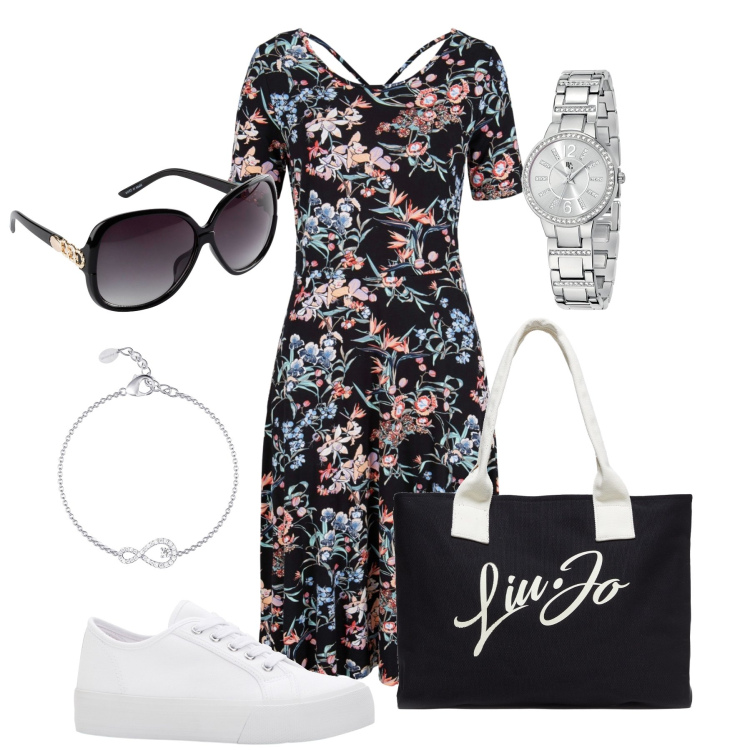 Outfit donna - Vestito midi a fiori. Stile Basic per Tutti i giorni. Abbinamento con vestiti midi/longuette, sneakers, occhiali da sole, orologi, braccialetti, shopping bag.