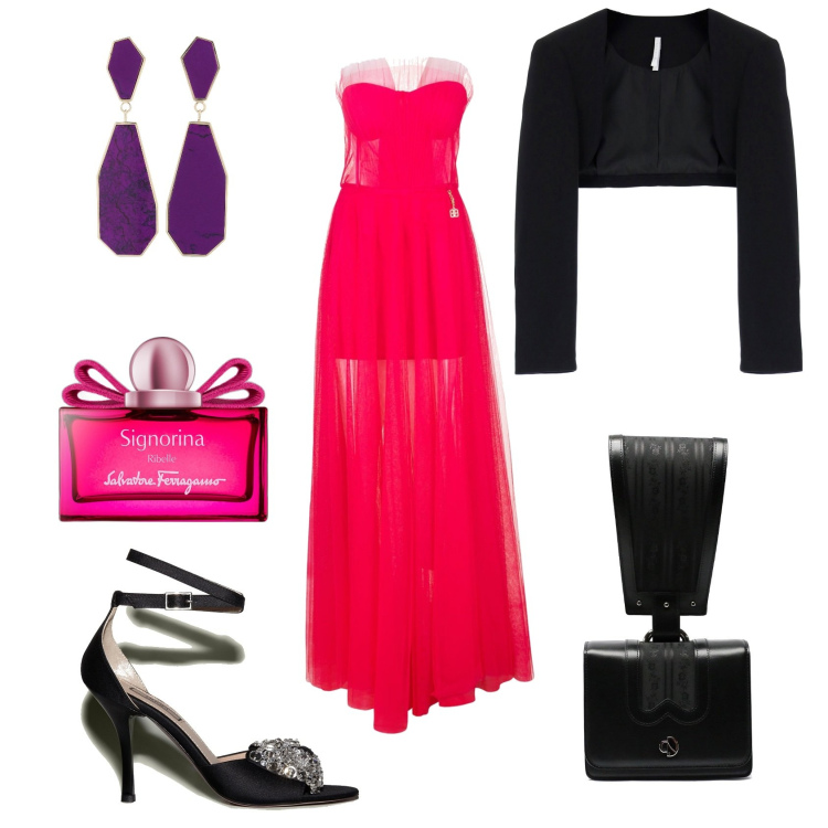 Outfit donna - Eleganza in tulle fucsia. Stile Glamour per Serata fuori. Abbinamento con profumi, blazer, vestiti lunghi, borse a mano, sandali col tacco, orecchini.