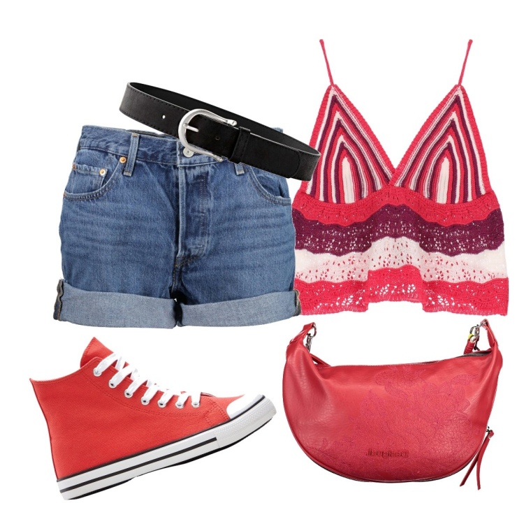 Outfit donna - Total look #1885889. Stile Casual per Mare. Abbinamento con cinture, sneakers alte, top, jeans, borse a spalla.