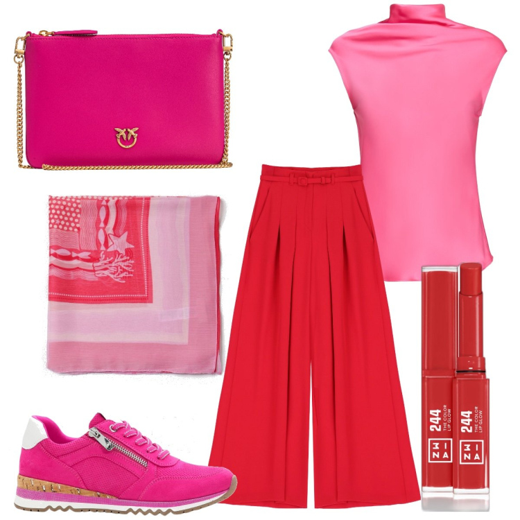 Outfit donna - Total look #1885906. Stile Trendy per Tutti i giorni. Abbinamento con sneakers, rossetti, borse a tracolla, pantaloni a palazzo, top, foulard.