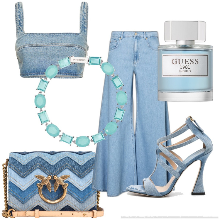 Outfit donna - Total look #1885925. Stile Vintage retrò per Serata fuori. Abbinamento con profumi, braccialetti, borse a tracolla, jeans, top, sandali col tacco.