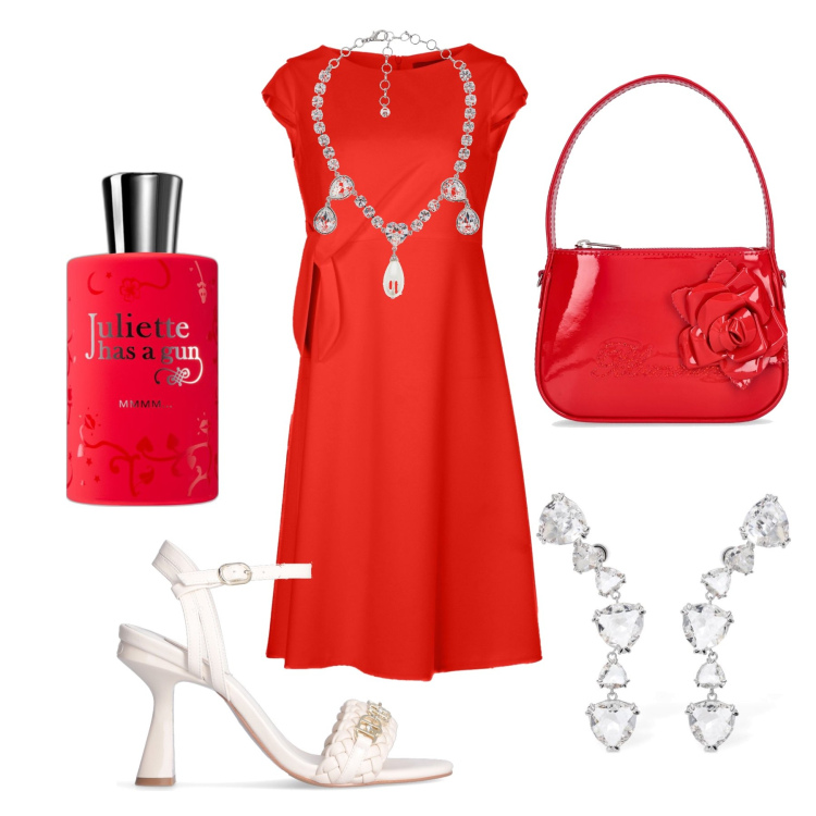 Outfit donna - The woman in red. Stile Chic per Serata fuori. Abbinamento con profumi, vestiti midi/longuette, sandali col tacco, orecchini, collane, borse a mano.