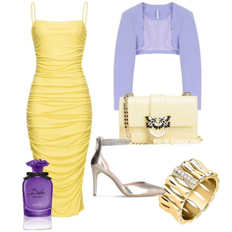 Outfit donna - Total look #1885963. Stile Chic per Cerimonia. Abbinamento con anelli, profumi, vestiti asimmetrici, borse a tracolla, blazer, décolleté.