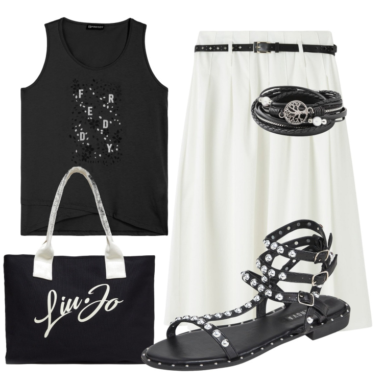 Outfit donna - Total look #1885987. Abbinamento con braccialetti, gonne lunghe, sandali, canottiere, shopping bag.