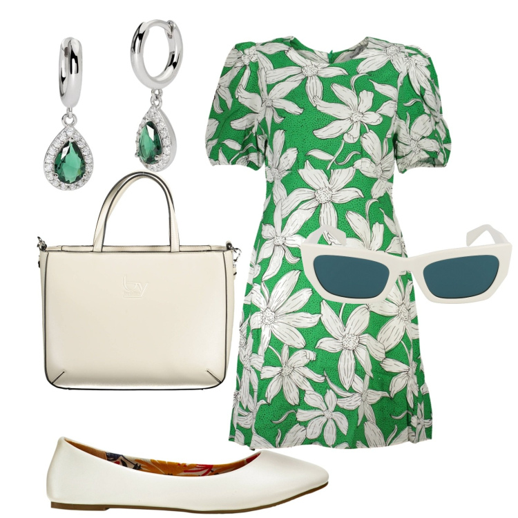 Outfit donna - Chic al supermercato. Stile Casual per Tutti i giorni. look ideale per Petite. Abbinamento con ballerine, orecchini, vestiti corti, occhiali da sole, borse a spalla.