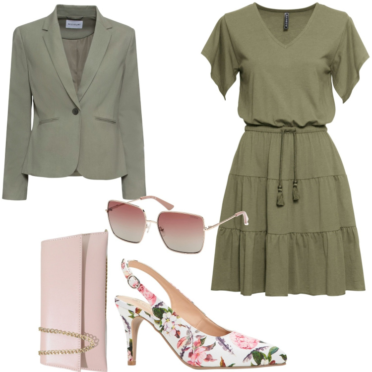 Outfit donna - Total look #1886007. Stile Casual per Tutti i giorni. Abbinamento con blazer, vestiti, décolleté, pochette, occhiali da sole.