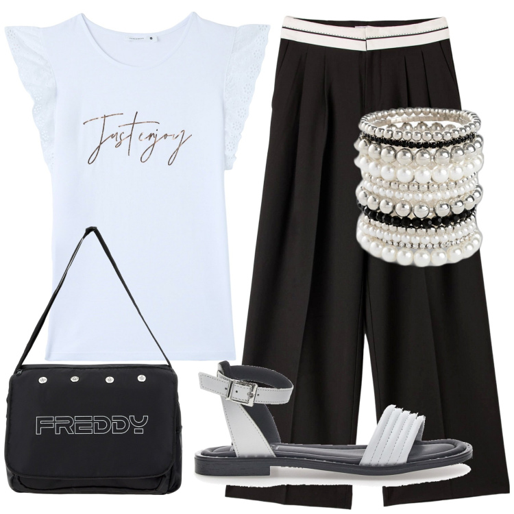 Outfit donna - Total look #1886045. Abbinamento con braccialetti, pantaloni, t-shirt, borse messenger, sandali.