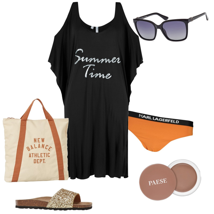 Outfit donna - Beach please. Stile Basic per Mare. Abbinamento con vestiti da spiaggia, ciabatte, terre, borse a mano, occhiali da sole, costumi.