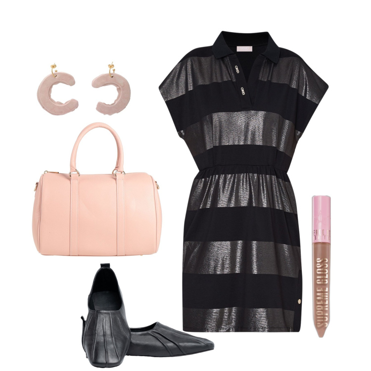 Outfit donna - Colazione al bar. Stile Bon Ton per Tutti i giorni. Abbinamento con borse a mano, orecchini, gloss, vestiti corti, ballerine.