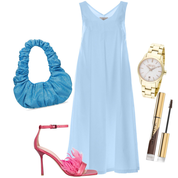 Outfit donna - Alza la temperatura. Stile Glamour per Serata fuori. Abbinamento con orologi, mascara, vestiti lunghi, sandali col tacco, borse a spalla.