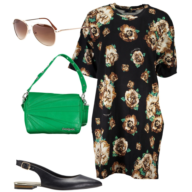 Outfit donna - City. Stile Urban per Tutti i giorni. Abbinamento con ballerine, occhiali da sole, vestiti corti, borse a spalla.