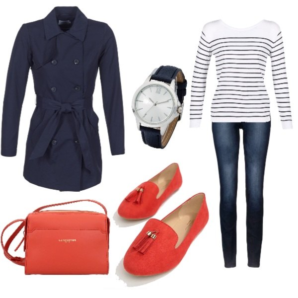 Outfit donna - Bluered. Stile Bon Ton per Tutti i giorni. Abbinamento con jeans skinny, orologio blu, borsa a tracolla con bottoni rosso, maglione bianco, trench blu, mocassini pianta larga.