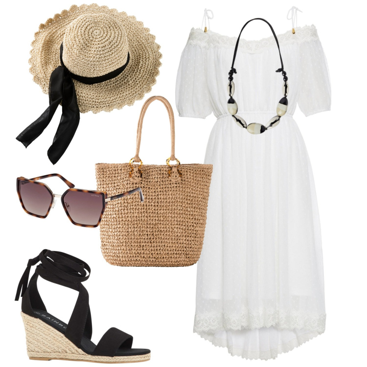 Outfit donna - Mare. Stile Casual chic per Mare. Abbinamento con vestiti, cappelli, sandali, shopping bag, collane, occhiali da sole.
