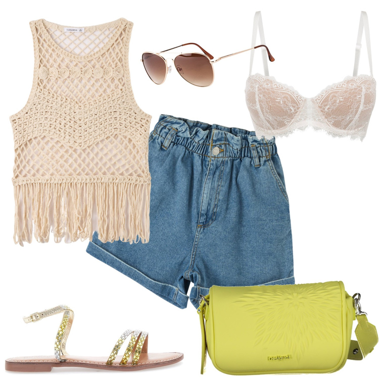 Outfit donna - Beige e jeans. Stile Casual per Tutti i giorni. Abbinamento con occhiali da sole, reggiseni a balconcino, top, shorts, borse a spalla, sandali in pelle.