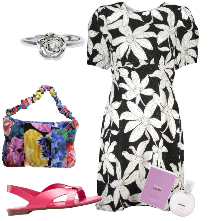 Outfit donna - Tripudio fiorito. Stile Bon Ton per Tutti i giorni. Abbinamento con sandali, profumi, anelli, vestiti corti, borse a spalla.