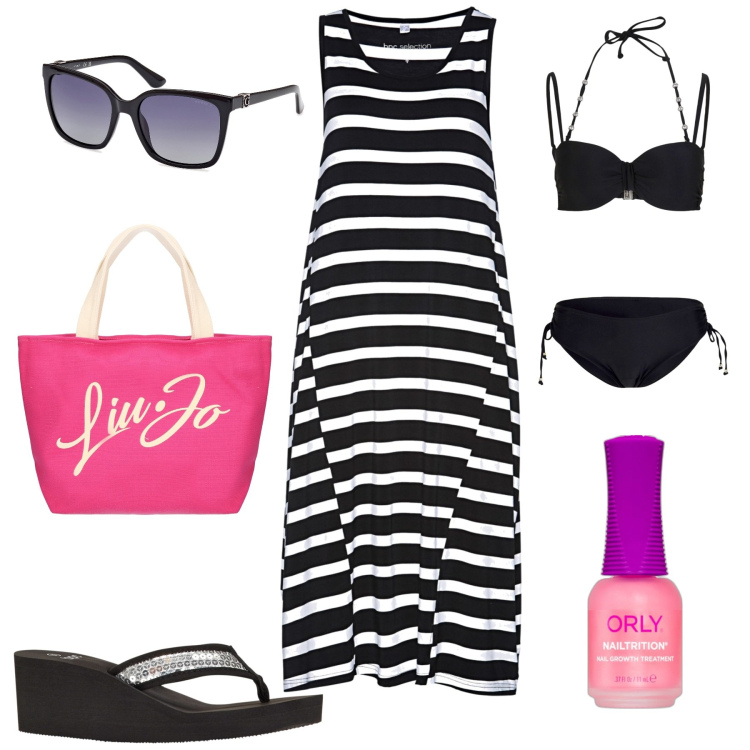 Outfit donna - Total look #1886175. Stile Basic per Mare. Abbinamento con vestiti midi/longuette, bikini, infradito, smalti, occhiali da sole, shopping bag.