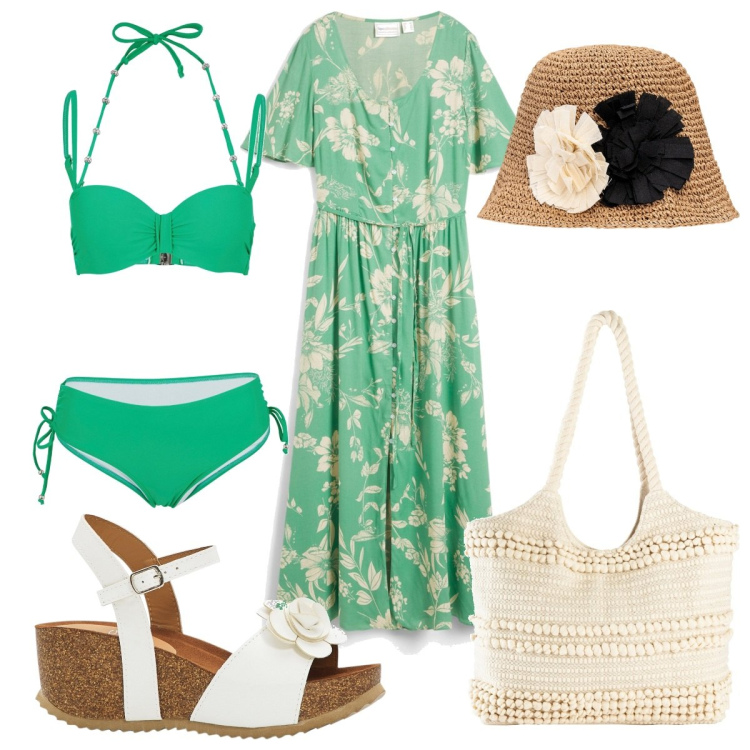 Outfit donna - Total look #1886186. Stile Trendy per Mare. Abbinamento con sandali, shopping bag, vestiti lunghi, bikini, cappelli.