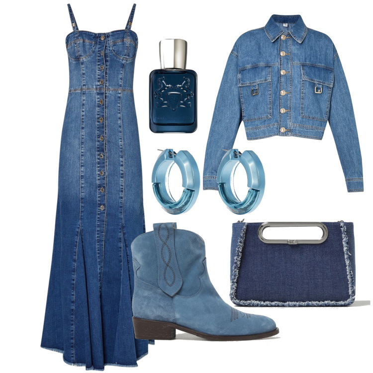 Outfit donna - Gran serata in denim. Stile Glamour per Serata fuori. Abbinamento con profumi, blazer, borse a mano, orecchini, stivaletti, vestiti lunghi.