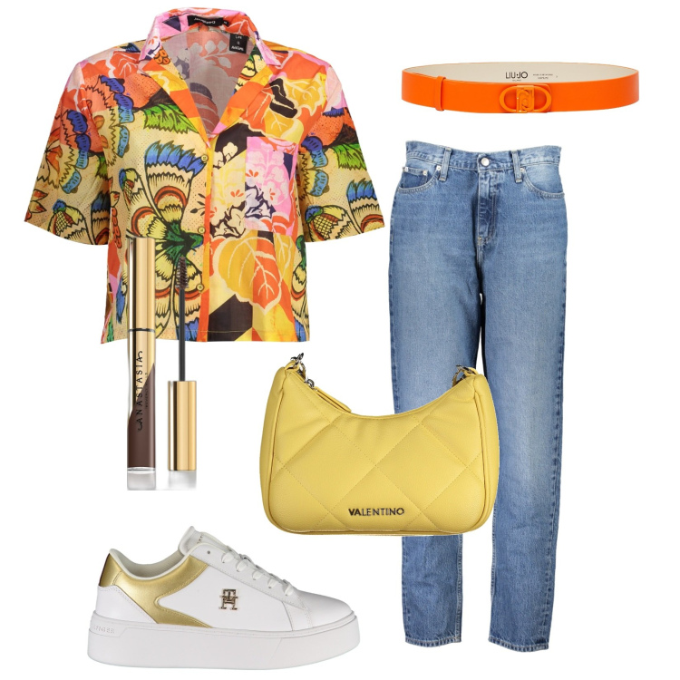 Outfit donna - Jeans e fantasia. Stile Trendy per Tutti i giorni. Abbinamento con mascara, sneakers, collane, jeans mom, camicie a manica corta, cinture.