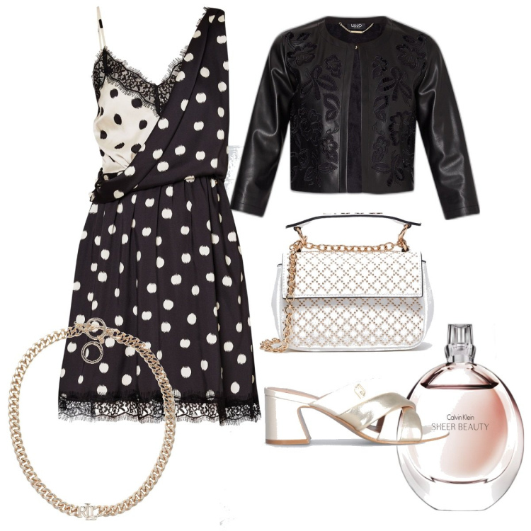 Outfit donna - Il vestitino a pois. Stile Glamour per Serata fuori. Abbinamento con collane, profumi, vestiti corti, blazer, sandali in pelle, borse a tracolla.